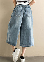 Load image into Gallery viewer, Women Denim Blue Embroideried Tie Waist Wide Leg Pants Summer