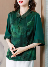 Load image into Gallery viewer, Women Green Double-layer Collar Patchwork Print Silk Top Half Sleeve