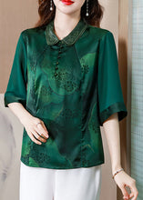 Load image into Gallery viewer, Women Green Double-layer Collar Patchwork Print Silk Top Half Sleeve