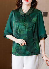 Load image into Gallery viewer, Women Green Double-layer Collar Patchwork Print Silk Top Half Sleeve