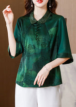 Load image into Gallery viewer, Women Green Double-layer Collar Patchwork Print Silk Top Half Sleeve