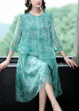 Load image into Gallery viewer, Women Green Embroideried Patchwork Silk Mid Dress Summer