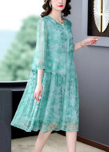 Load image into Gallery viewer, Women Green Embroideried Patchwork Silk Mid Dress Summer