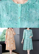 Load image into Gallery viewer, Women Green Embroideried Patchwork Silk Mid Dress Summer