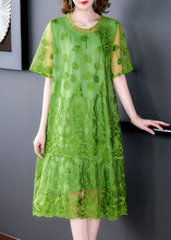 Load image into Gallery viewer, Women Green Embroideried Patchwork Tulle Dresses Short Sleeve