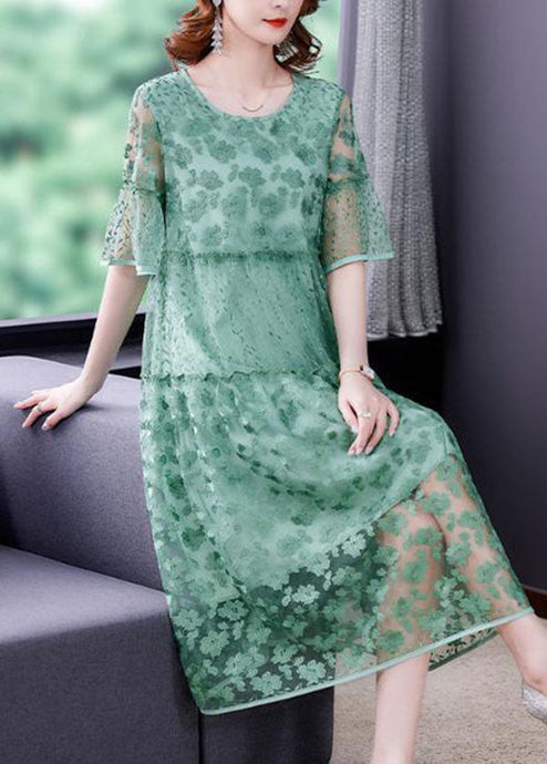 Women Green Embroideried Patchwork Tulle Holiday Dress Summer