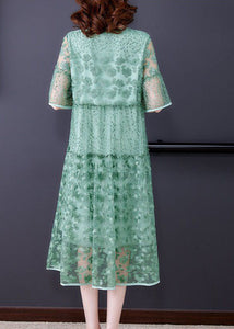 Women Green Embroideried Patchwork Tulle Holiday Dress Summer