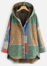 Load image into Gallery viewer, Women Green Hooded Print Low High Design Patchwork Warm Fleece Coat Fall