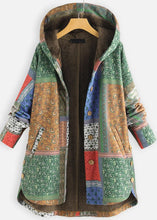 Load image into Gallery viewer, Women Green Hooded Print Low High Design Patchwork Warm Fleece Coat Fall