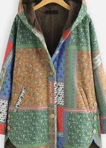 Women Green Hooded Print Low High Design Patchwork Warm Fleece Coat Fall