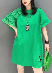 Women Green O Neck Lace Patchwork Cotton T Shirt Summer