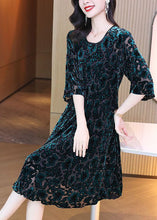 Load image into Gallery viewer, Women Green O-Neck Oversized Print Silk Velour Party Dress Half Sleeve