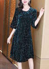 Load image into Gallery viewer, Women Green O-Neck Oversized Print Silk Velour Party Dress Half Sleeve