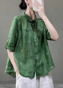 Women Green Peter Pan Collar Embroideried Patchwork Cotton Shirts Top Summer