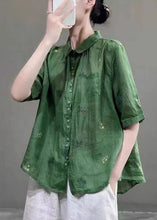 Load image into Gallery viewer, Women Green Peter Pan Collar Embroideried Patchwork Cotton Shirts Top Summer