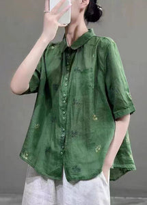 Women Green Peter Pan Collar Embroideried Patchwork Cotton Shirts Top Summer