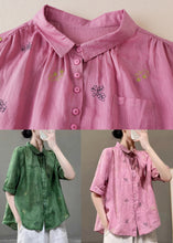 Load image into Gallery viewer, Women Green Peter Pan Collar Embroideried Patchwork Cotton Shirts Top Summer