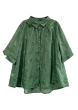 Load image into Gallery viewer, Women Green Peter Pan Collar Embroideried Patchwork Cotton Shirts Top Summer