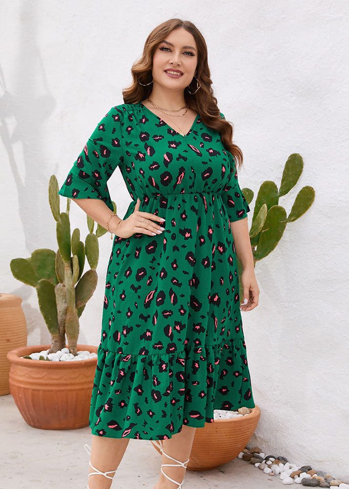 Women Green Ruffled Print Patchwork Cotton Dress Summer