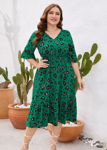 Women Green Ruffled Print Patchwork Cotton Dress Summer