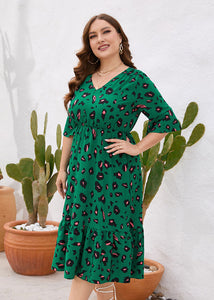Women Green Ruffled Print Patchwork Cotton Dress Summer