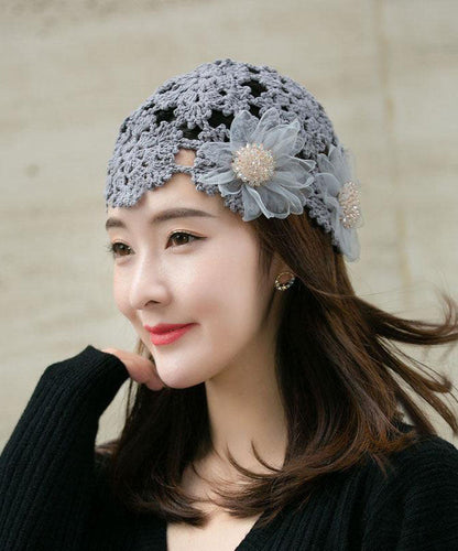 Women Grey Applique Hollow Out Knit Bonnie Hat