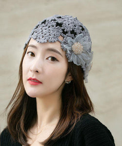 Women Grey Applique Hollow Out Knit Bonnie Hat