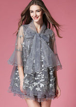 Load image into Gallery viewer, Women Grey Bow Embroideried Hollow Out Organza Dress Summer