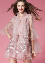 Load image into Gallery viewer, Women Grey Bow Embroideried Hollow Out Organza Dress Summer