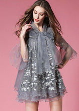 Load image into Gallery viewer, Women Grey Bow Embroideried Hollow Out Organza Dress Summer