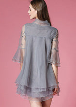 Load image into Gallery viewer, Women Grey Bow Embroideried Hollow Out Organza Dress Summer