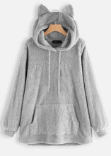 Load image into Gallery viewer, Women Grey Hooded Pockets Patchwork Teddy Faux Fur Sweatshirt Fall