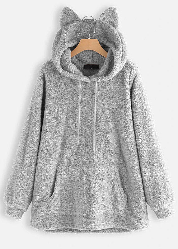 Women Grey Hooded Pockets Patchwork Teddy Faux Fur Sweatshirt Fall