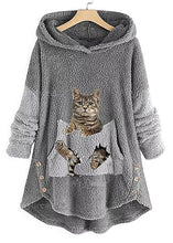 Load image into Gallery viewer, Women Grey Hooded Print Pockets Patchwork Teddy Faux Fur Sweatshirt Fall