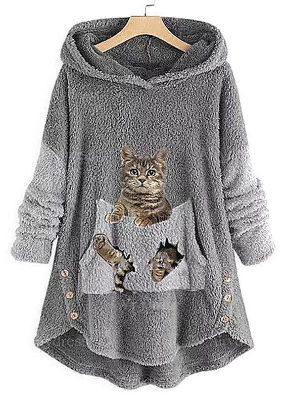 Women Grey Hooded Print Pockets Patchwork Teddy Faux Fur Sweatshirt Fall