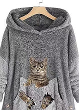 Load image into Gallery viewer, Women Grey Hooded Print Pockets Patchwork Teddy Faux Fur Sweatshirt Fall