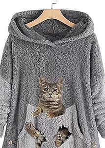 Women Grey Hooded Print Pockets Patchwork Teddy Faux Fur Sweatshirt Fall