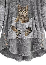 Load image into Gallery viewer, Women Grey Hooded Print Pockets Patchwork Teddy Faux Fur Sweatshirt Fall