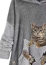 Load image into Gallery viewer, Women Grey Hooded Print Pockets Patchwork Teddy Faux Fur Sweatshirt Fall