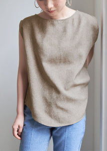 Women Grey O-Neck Wrinkled Linen Tops Sleeveless