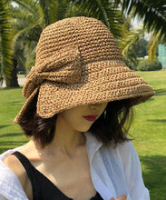 Load image into Gallery viewer, Women Khaki Bow Side Open Straw Woven Bucket Hat