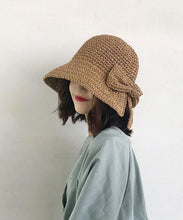 Load image into Gallery viewer, Women Khaki Bow Side Open Straw Woven Bucket Hat