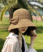 Load image into Gallery viewer, Women Khaki Bow Side Open Straw Woven Bucket Hat