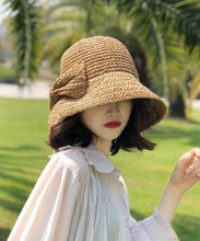 Load image into Gallery viewer, Women Khaki Bow Side Open Straw Woven Bucket Hat