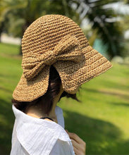 Load image into Gallery viewer, Women Khaki Bow Side Open Straw Woven Bucket Hat