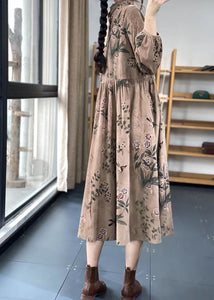 Women Khaki Button Ruffled Print Dress Spring