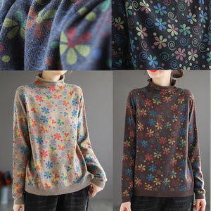 Women Khaki Print Sweater Tops High Neck Plus Size Spring Knitwear