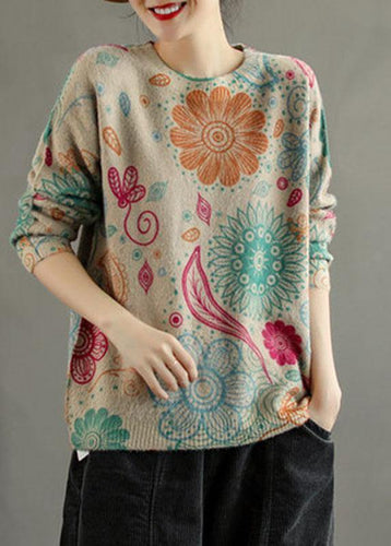 Women Khaki Retro Print Floral Knitted Sweaters Top