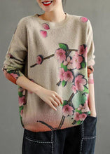 Load image into Gallery viewer, Women Khaki Retro Print Floral Knitted Sweaters Top