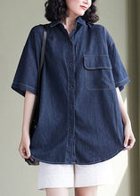 Load image into Gallery viewer, Women Navy Peter Pan Collar Patchwork Denim Shirt Top Summer